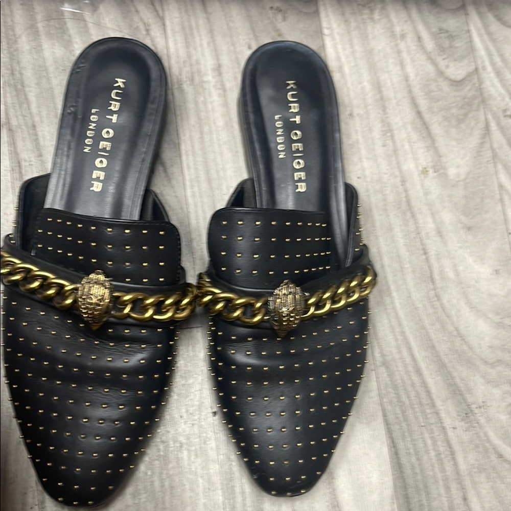 Kurt Geiger Black Mules with Gold Chain